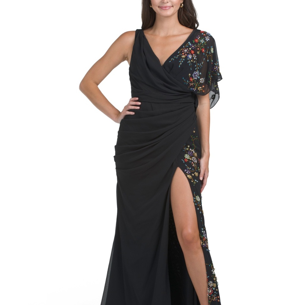 Mac Duggal Black Asymmetrical Floral Dress